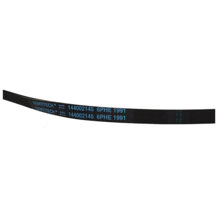 Black belt with blue text on a white background