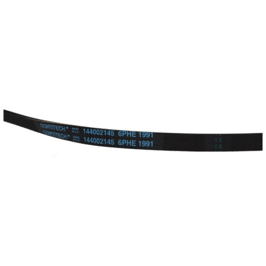Black belt with blue text on a white background