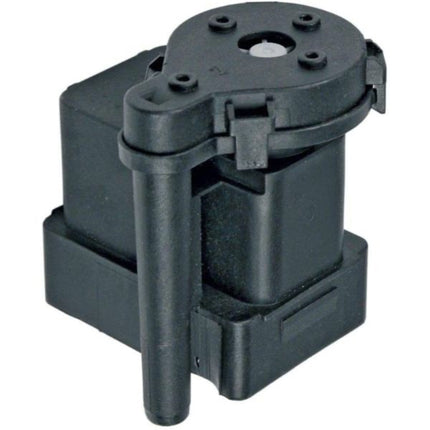 Black mechanical component on a white background