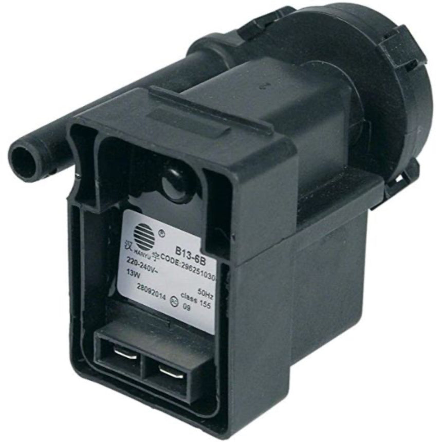 Black mechanical component with a label on a white background