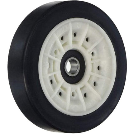 Wheel with black tire and white hub on a white background