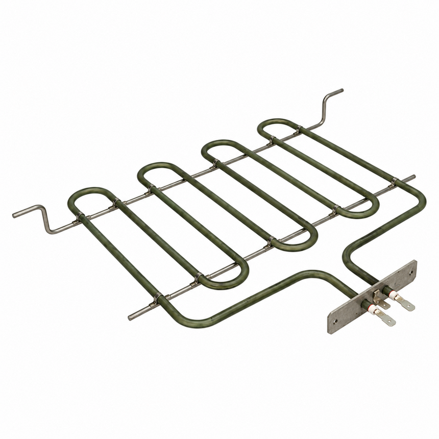 A replacement oven heating element coil with a dark green insulated tube and silver metal terminals, shown on a plain white background.