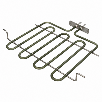 A replacement electric coil heating element with a dark green insulated tube and silver metal wire loops and terminal plate, shown on a plain white background.