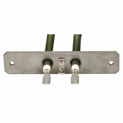 A metal electrical terminal block with two green cables entering from the top and two metal connection terminals with white insulators on the bottom, shown on a plain white background.