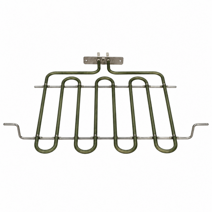 A replacement electric oven heating element tube with a green-coated body and silver metal terminals and mounting bracket, shown against a plain white background.