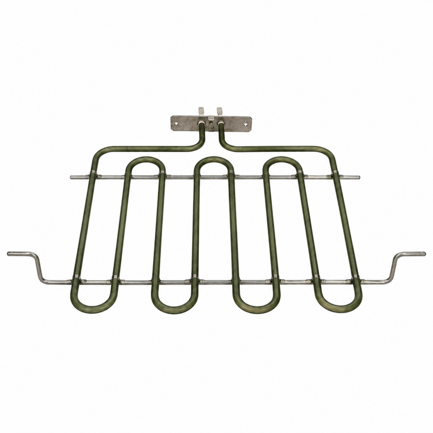 A replacement electric oven heating element tube with a green-coated body and silver metal terminals and mounting bracket, shown against a plain white background.