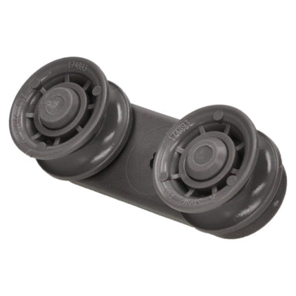 A pair of dark gray industrial roller wheels on a solid white background.