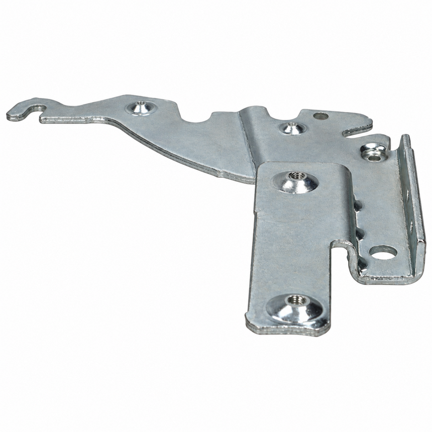 Galvanized steel cabinet hinge hardware component with mounting tabs and pre-drilled screw holes, shown on a plain white background.