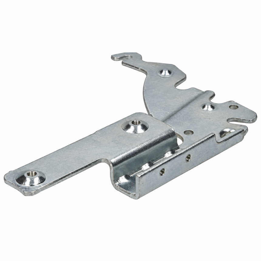 Galvanized steel cabinet hinge with a lever-style latch mechanism, shown on a plain white background.