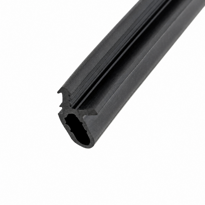 Close-up of black rubber door seal profile showing the hollow channel and ribbed edges