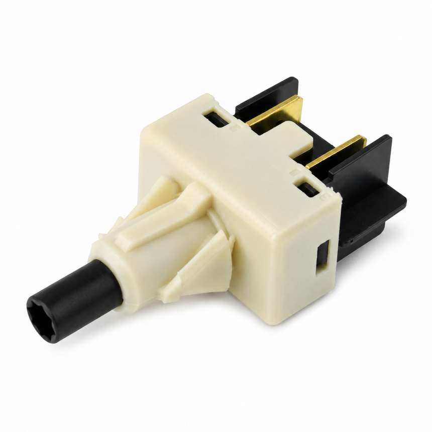 A small plastic electrical connector with a cream-colored body, a black cylindrical male plug, and black female contacts with gold-plated edges, shown on a white background.
