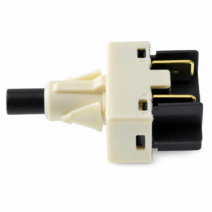 A small plastic electrical or mechanical component with a cream-colored body, a black cylindrical protrusion on the left, and a black housing on the right with gold-tone metal contacts, shown on a white background.