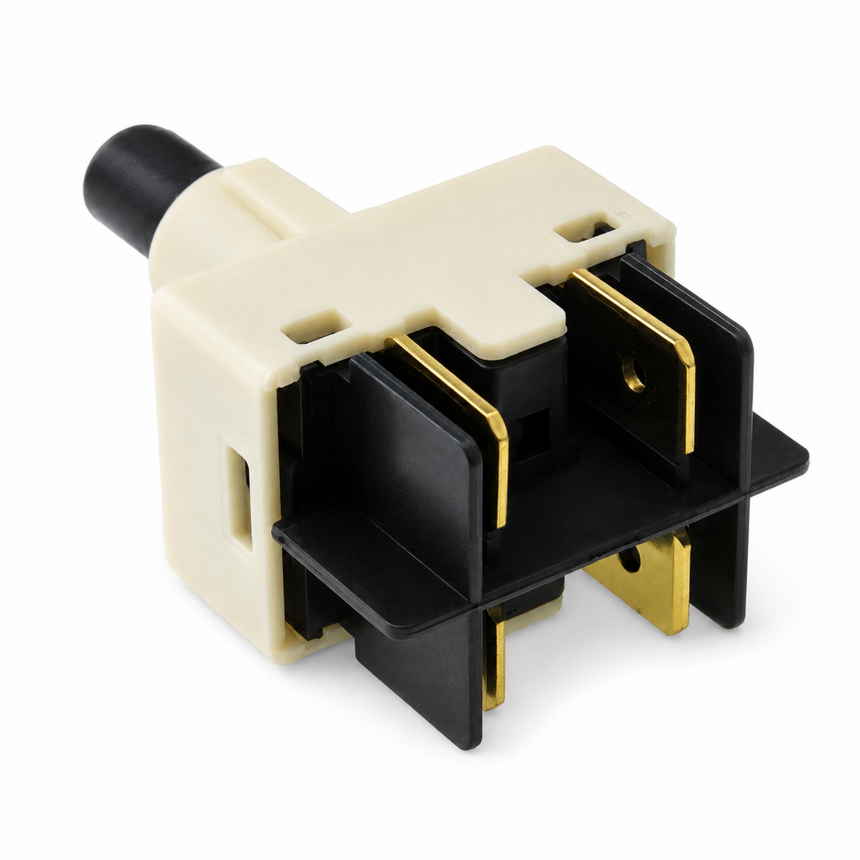 A small electrical connector or switch component with a cream-colored plastic housing, black internal and external parts, and gold-tone metal contacts, shown on a plain white background.