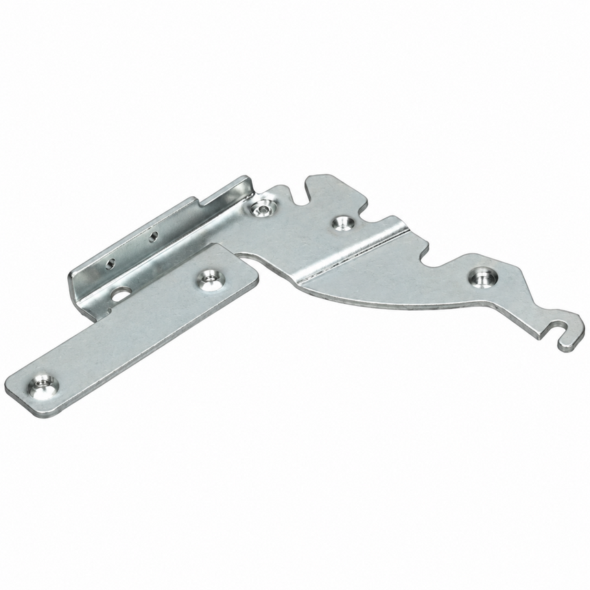 A silver metal door hinge bracket with pre-drilled screw holes, shown on a plain white background.