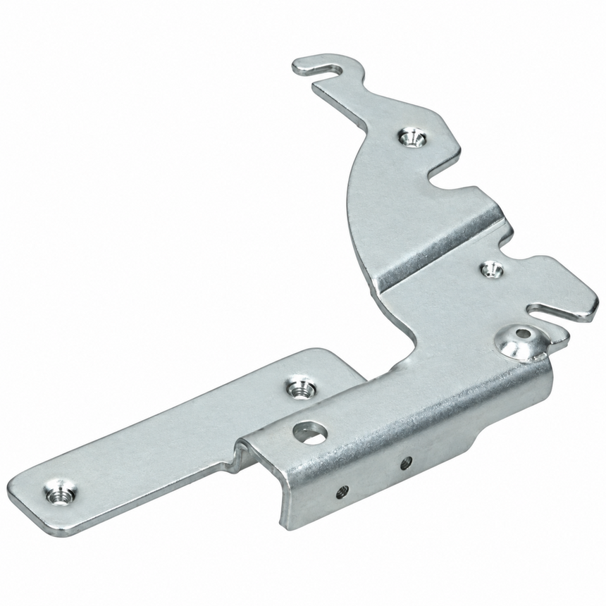 Galvanized steel cabinet hinge with a hook-shaped top bracket and mounting plate, shown on a plain white background.