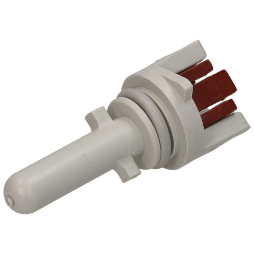 A white plastic automotive or motorcycle fuel injector assembly with red terminal covers, shown on a plain white background.