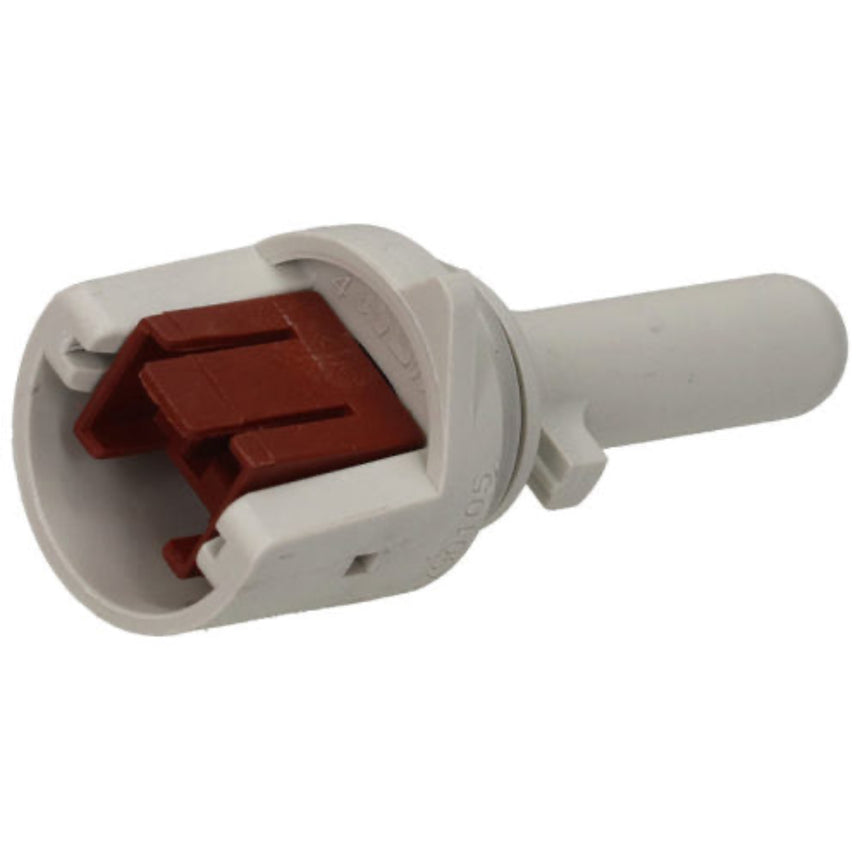 A plastic electrical connector with a light gray housing and a reddish-brown internal terminal piece, shown on a plain white background.