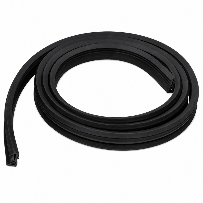 A coiled black rubber door seal strip, commonly used for vehicle or appliance doors, shown on a plain white background.