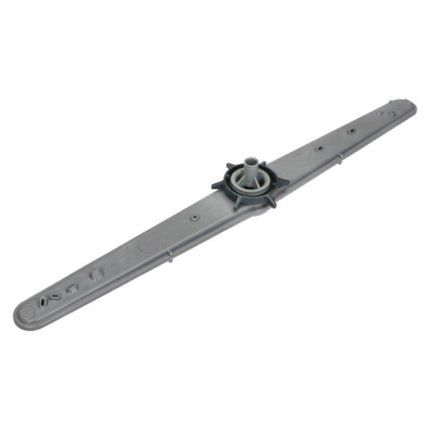 A gray plastic dishwasher spray arm with a central hub and mounting holes, shown diagonally on a plain white background.