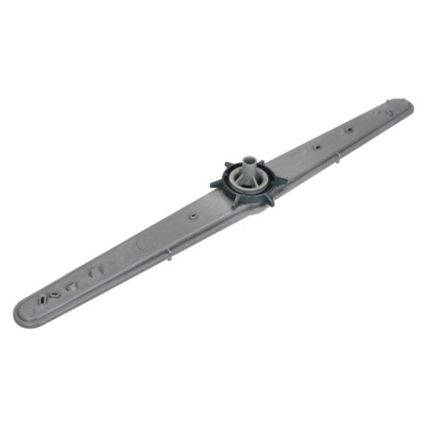 A gray plastic dishwasher spray arm with a central hub and mounting holes, shown diagonally on a plain white background.