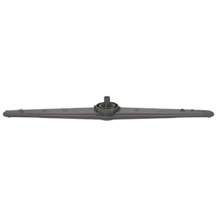 A dark gray plastic replacement lawn mower blade, shown horizontally against a plain white background.