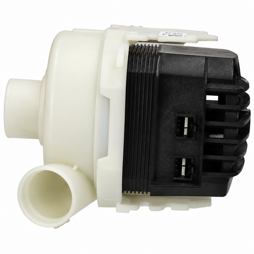 A replacement water pump motor assembly with a white plastic body and a black ribbed motor housing, shown on a solid white background.