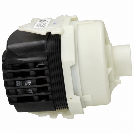 A replacement water pump motor assembly with a black ribbed motor housing and an off-white plastic casing, shown on a solid white background.