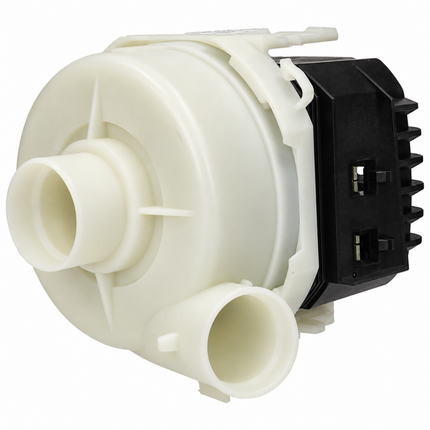A plastic water dispenser pump motor assembly with a white body and a black motor housing, shown on a solid white background.