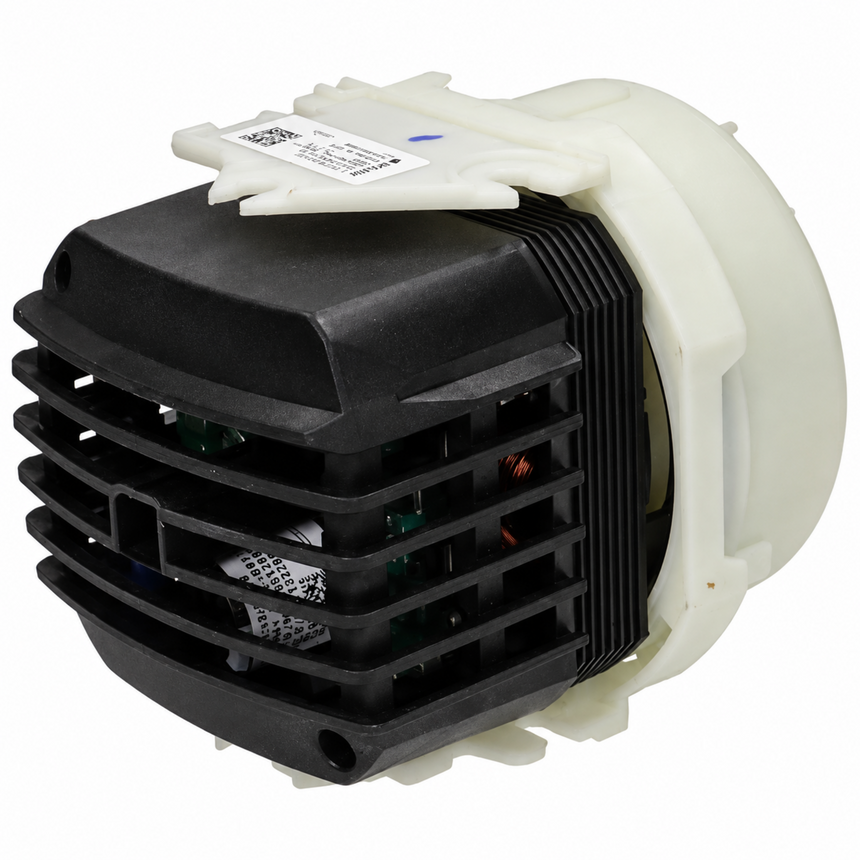A replacement appliance motor assembly with a black ribbed metal shroud and a white plastic casing, shown on a solid white background.