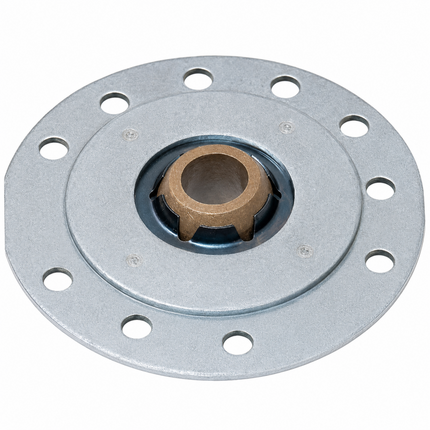A circular metal flange or hub with multiple bolt holes around the outer edge and a central bronze-toned splined shaft, shown on a plain white background.