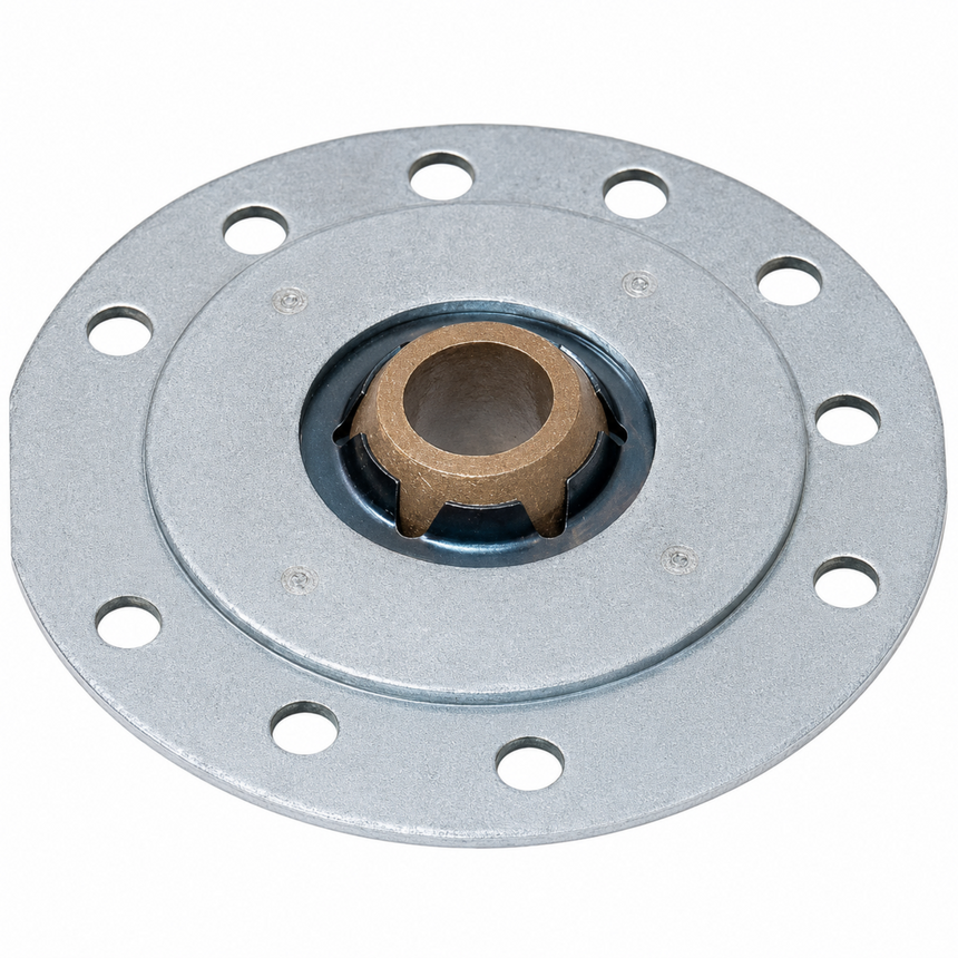 A circular metal flange or hub with multiple bolt holes around the outer edge and a central bronze-toned splined shaft, shown on a plain white background.