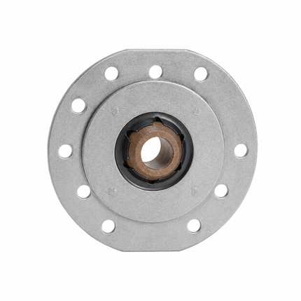 A circular metal mechanical component, likely a bearing hub or flange, featuring a silver outer flange with eight pre-drilled holes, a central dark ring, and a bronze-colored inner hub.