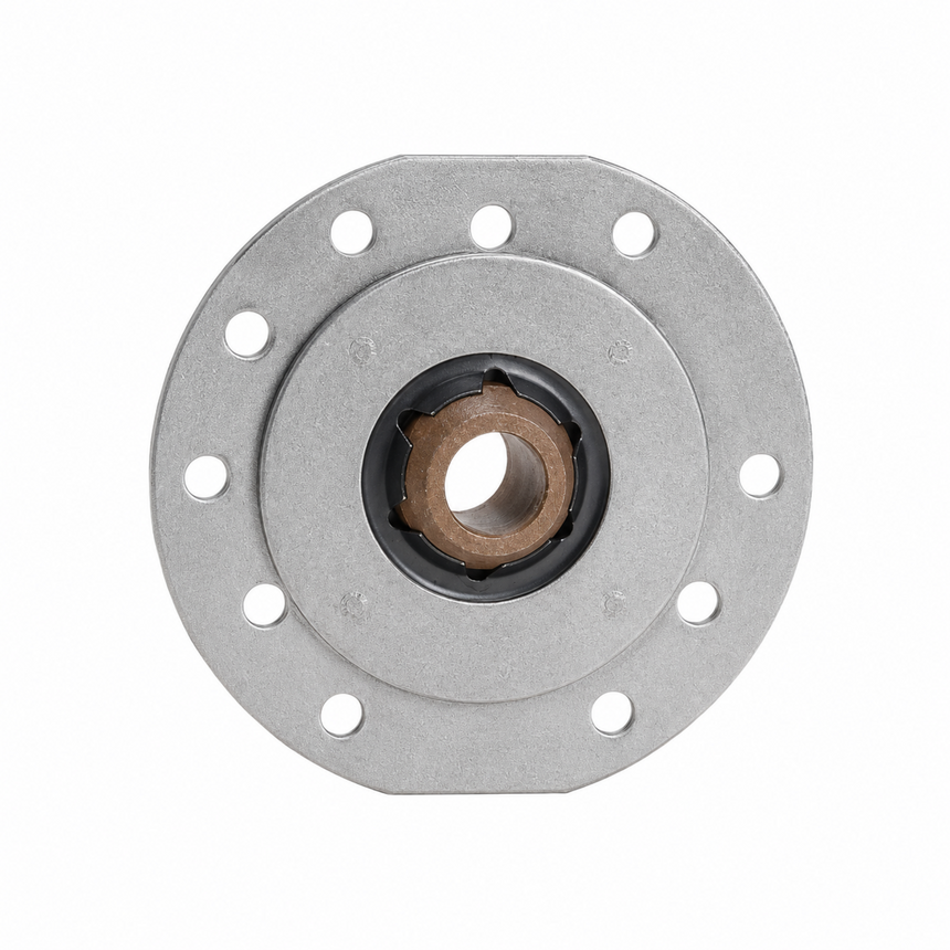 A circular metal mechanical component, likely a bearing hub or flange, featuring a silver outer flange with eight pre-drilled holes, a central dark ring, and a bronze-colored inner hub.