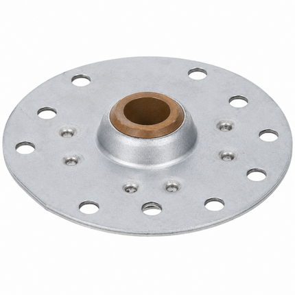 A circular metal wheel hub with a silver cast iron body, multiple bolt holes, and a bronze-colored central bore.