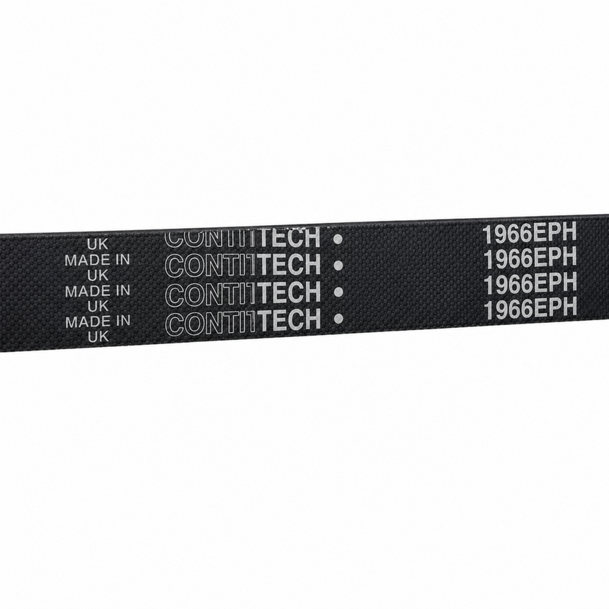 A close-up of a black ContiTech industrial belt with white printed text reading 'CONTITECH', 'MADE IN UK', and '1966EPH' on a plain white background.