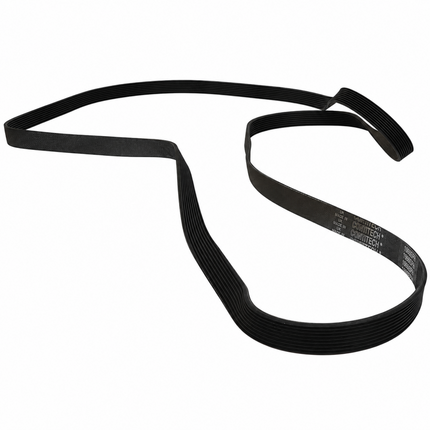 A black rubber serpentine belt with white printed technical specifications on its inner surface, shown on a plain white background.