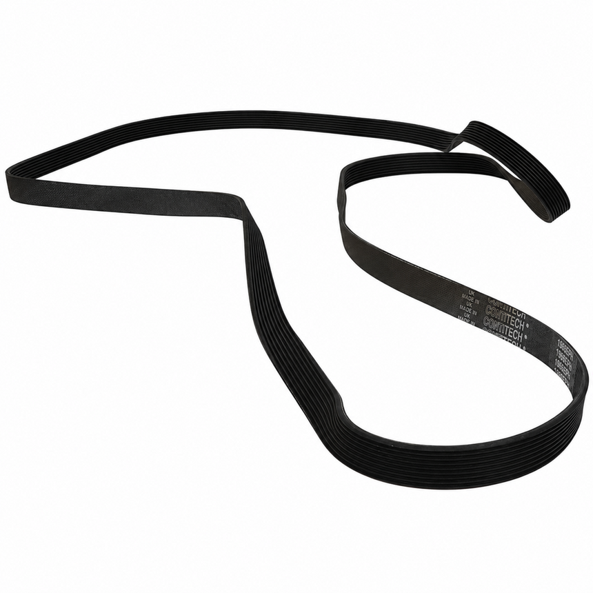 A black rubber serpentine belt with white printed technical specifications on its inner surface, shown on a plain white background.