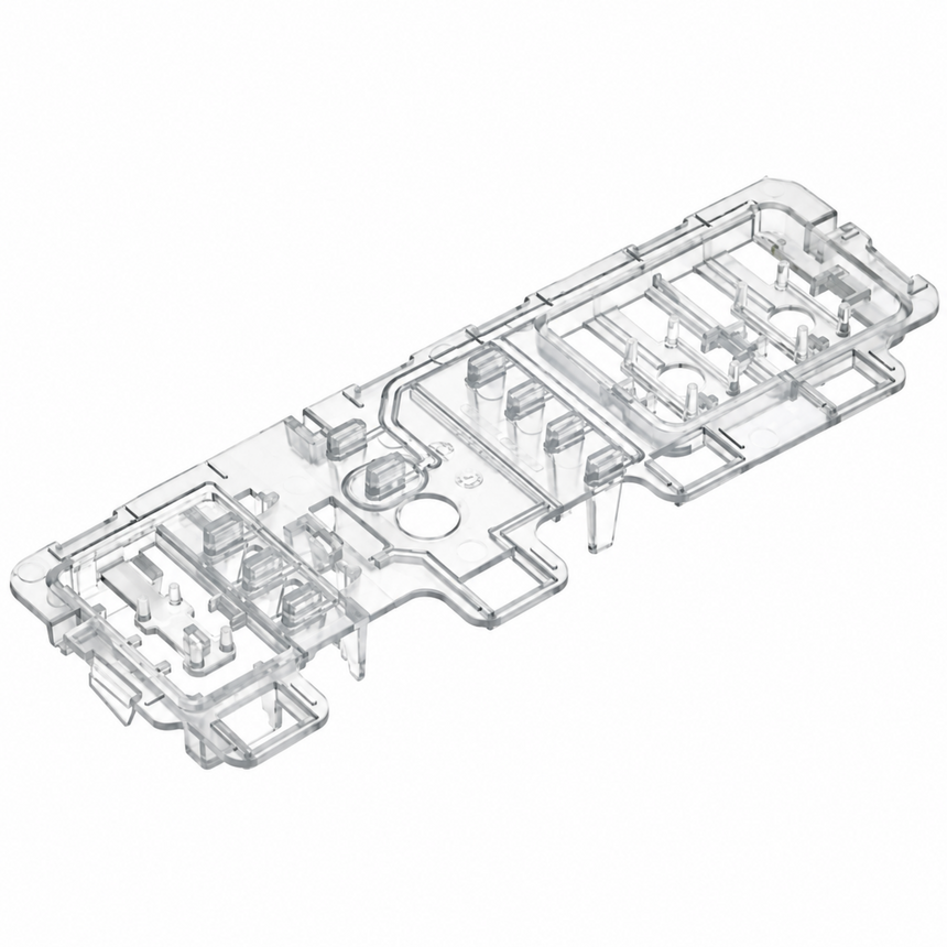 A transparent clear plastic electronic component or connector module, shown at an angle on a solid white background.
