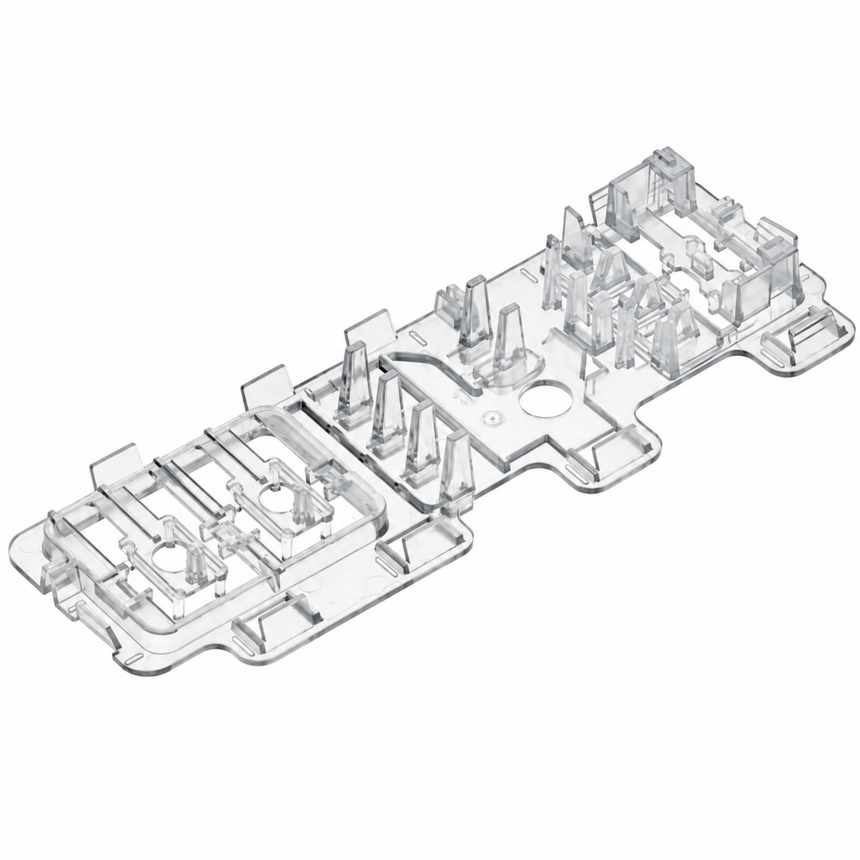 A transparent clear plastic replacement part with complex molded ridges and channels, shown on a plain white background.