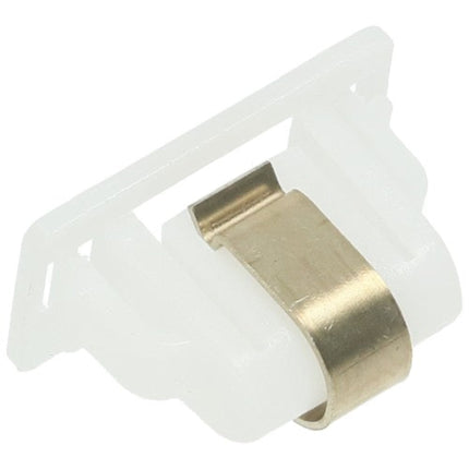 White plastic clip with a gold metal component on a white background