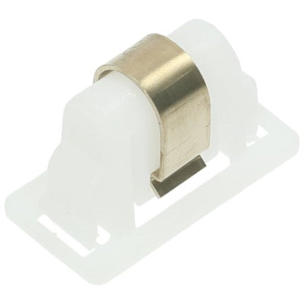 White plastic clip with gold metal band on a white background