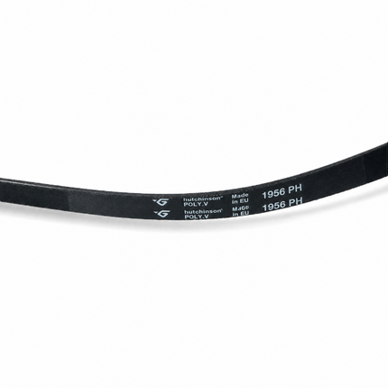A close-up of a black Hutchinson Poly V belt with white printed specifications, including 'hutchinson Poly V', 'M-65', and '1956 PH', on a plain white background.