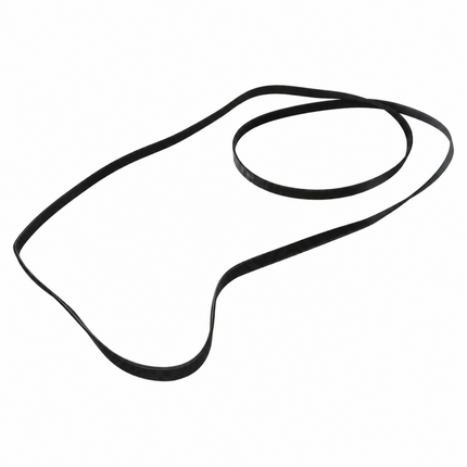 A black rubber replacement belt with a flat profile, shown coiled on a plain white background.