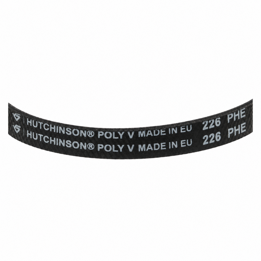 A curved black Hutchinson Poly V rubber belt with white printed text and logo, shown against a plain white background.