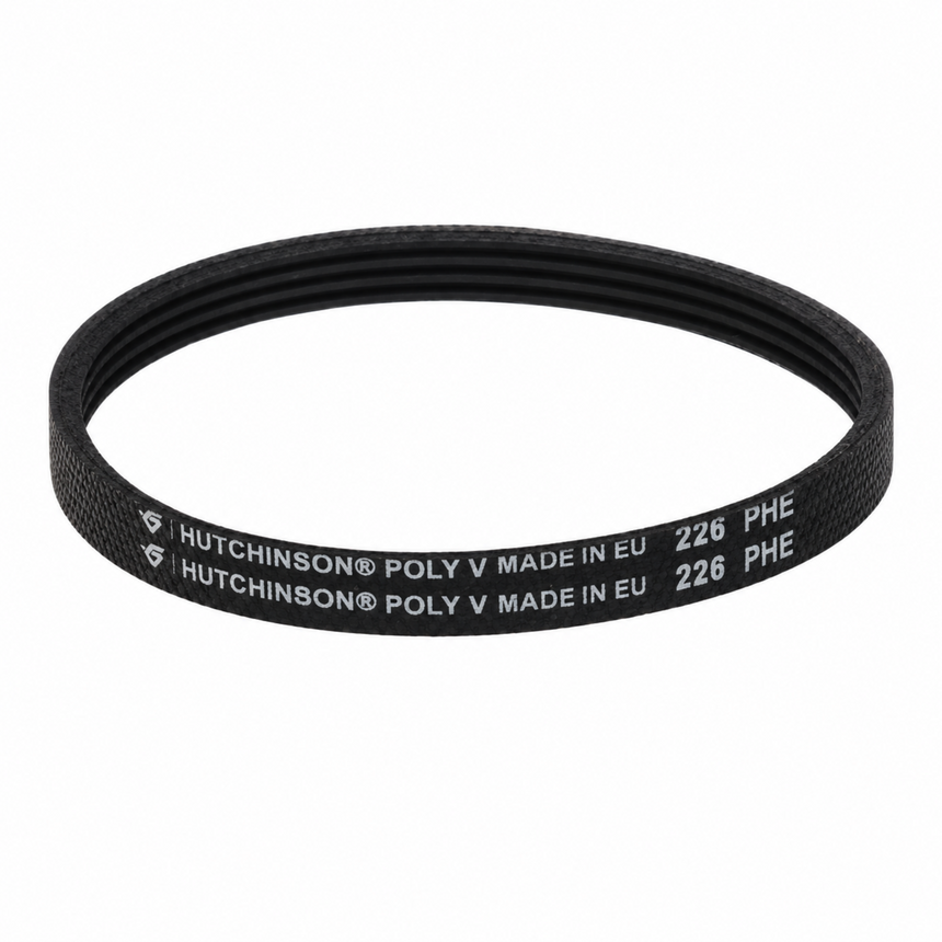 A black Hutchinson Poly V lens filter band with white printed text reading 'HUTCHINSON POLY V MADE IN EU 226 PHE' on a solid white background.