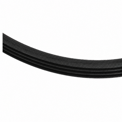 A close-up of a black textured rubber or foam strip curving across a white background.