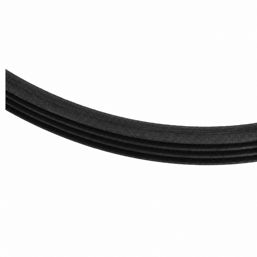A close-up of a black textured rubber or foam strip curving across a white background.