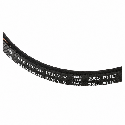 A close-up of a black Hutchinson Poly.V conveyor belt with white printed text, including 'Hutchinson POLY.