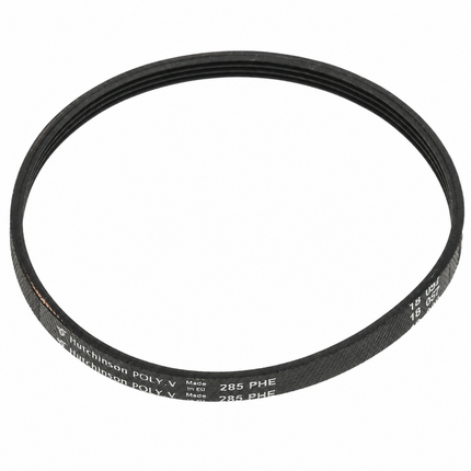 A black Hutchinson Poly V timing belt with white printed text specifications, shown on a clean white background.