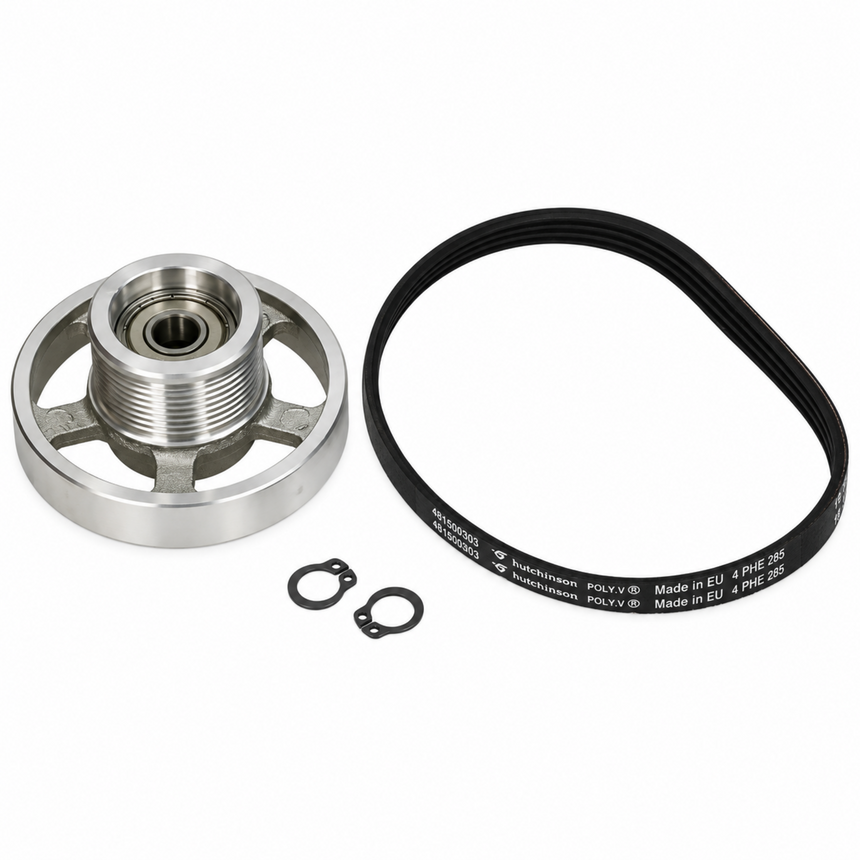 A metal pulley system component with a black poly belt and two small black gaskets, photographed on a clean white background. The belt has printed text including 'Hankook', 'POLY R', and 'Made in EU'.